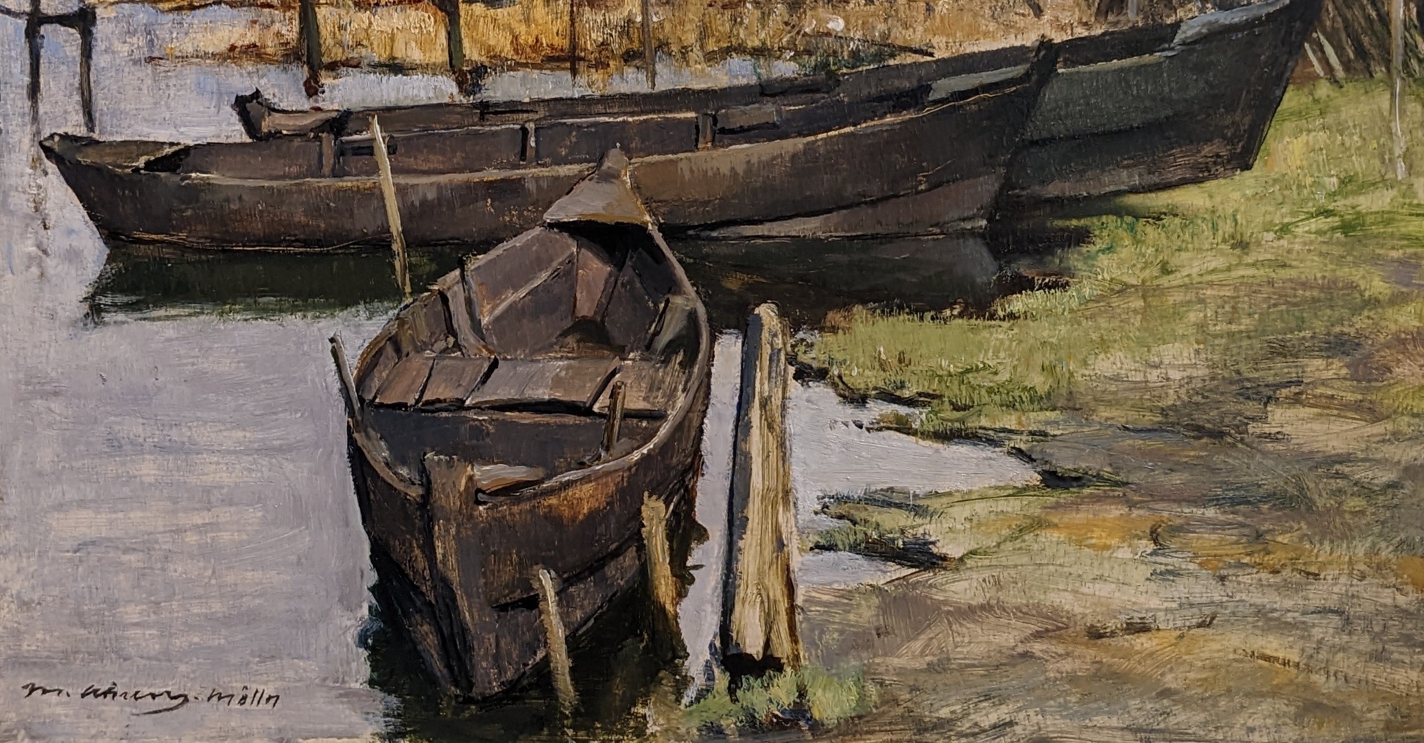 Max Ahrens, Gemälde, Ruderboote am Ufer des Möllner Sees.