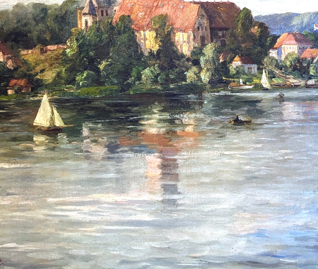 Der Domsee bei sonnigem Wetter mit Freizeitsportlern. Detail aus Hedwig Giesecke Gemälde "Uferpartie in Ratzeburg".