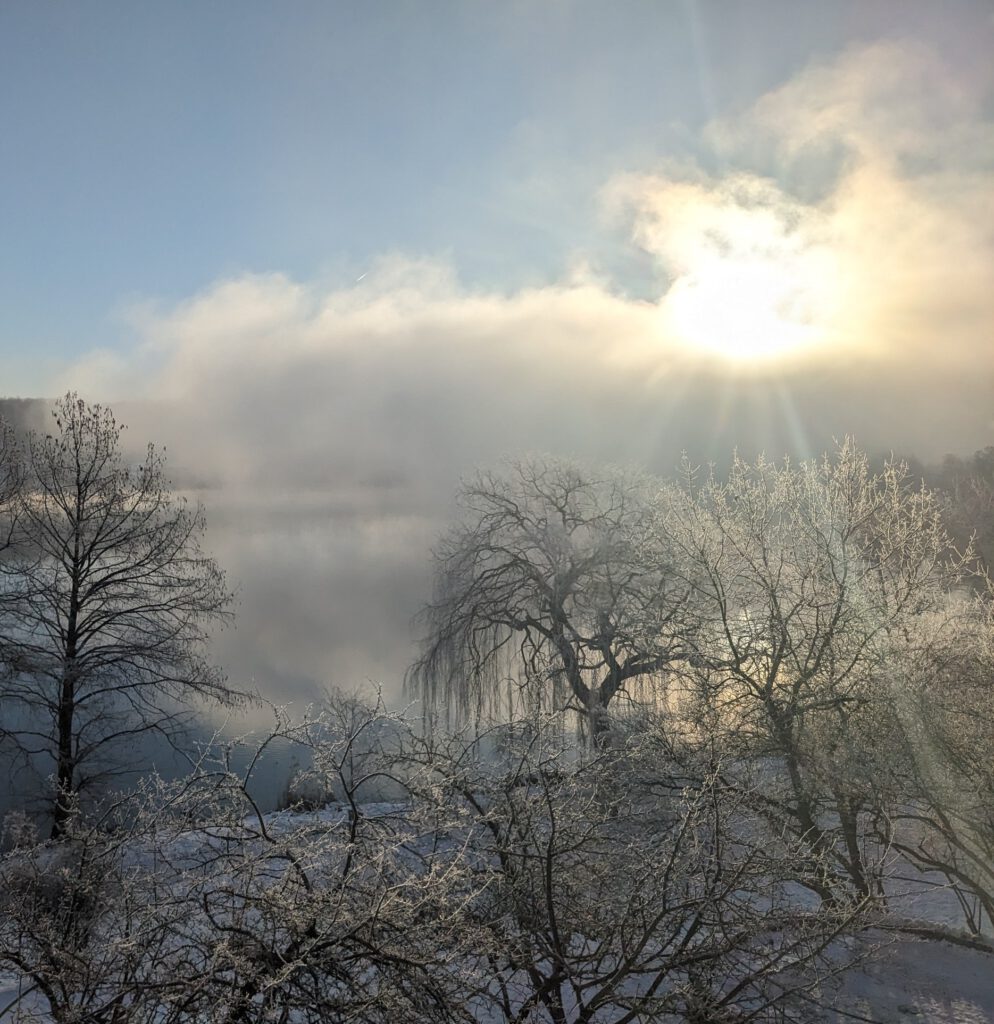 Blick aus dem Kreismuseum auf den Domsee an einem Wintermorgen.